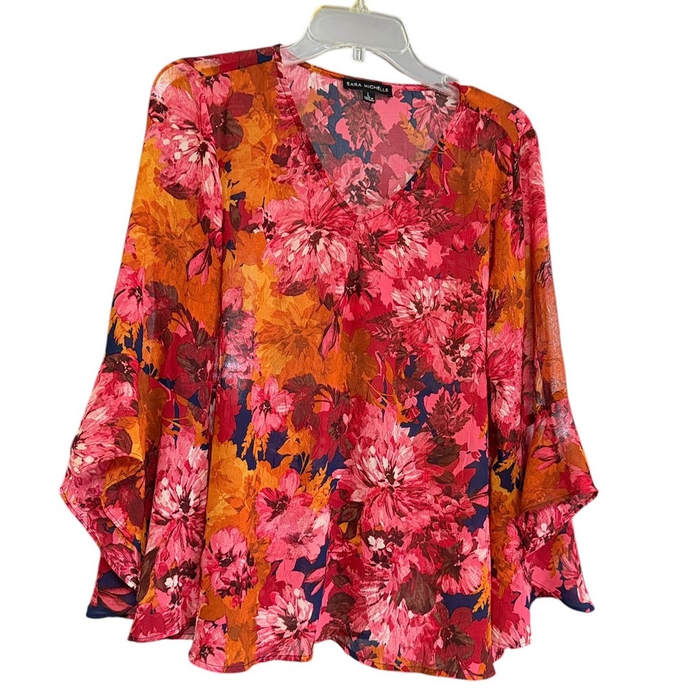 Sara Michelle Womens Floral V-Neck Bell Sleeve Blouse Pink Orange L Fairycore